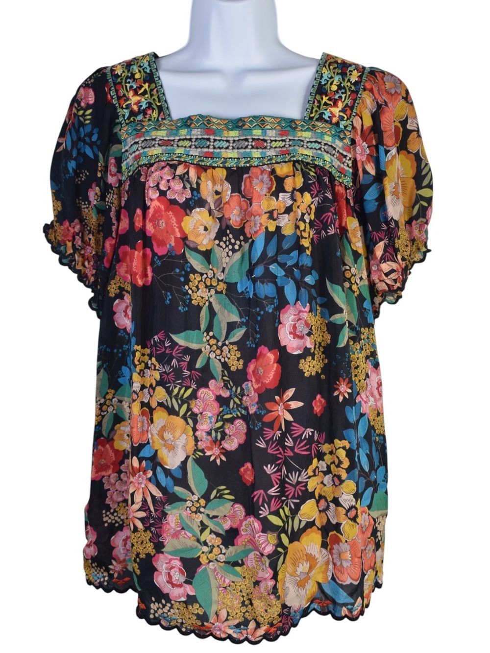 Johnny Was Floral Embroidered Boho Cupra Blouse Top Black Women's S